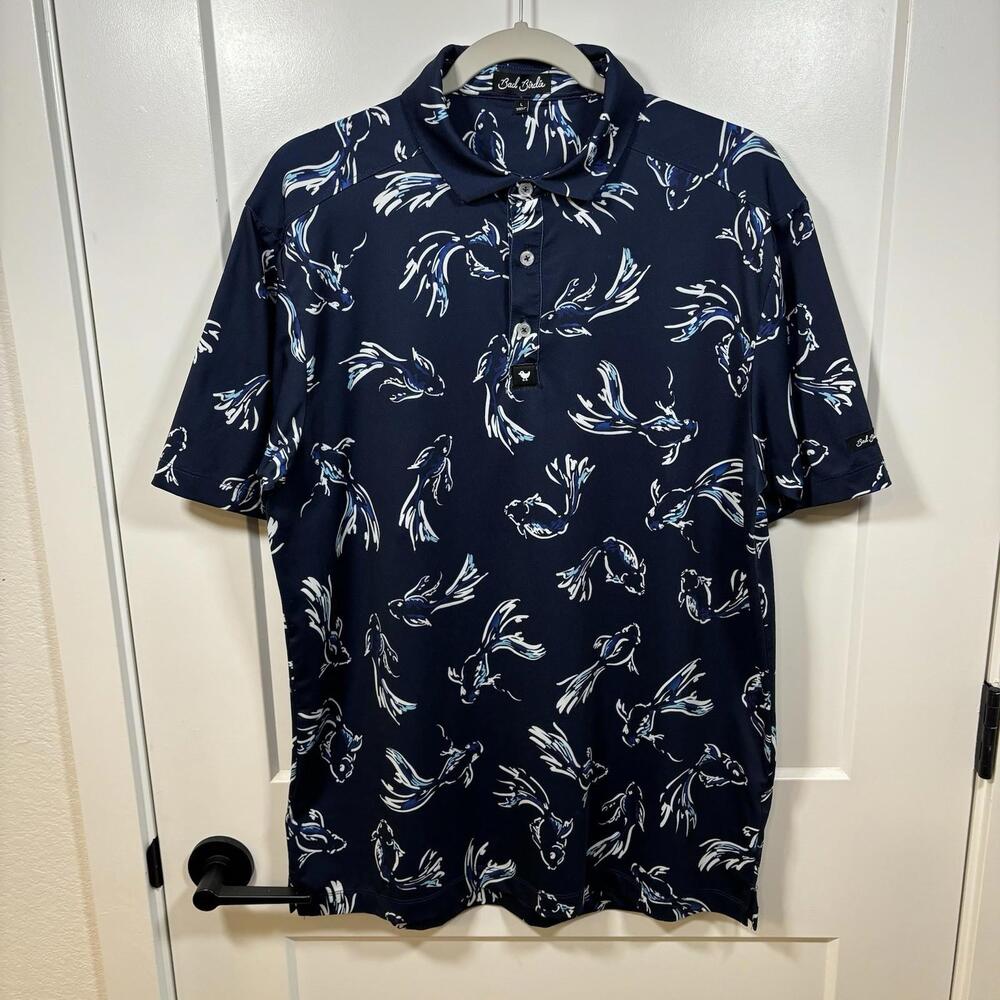Bad Birdie Mens Performance Golf Polo Shirt Size Large Navy Blue Fish Design